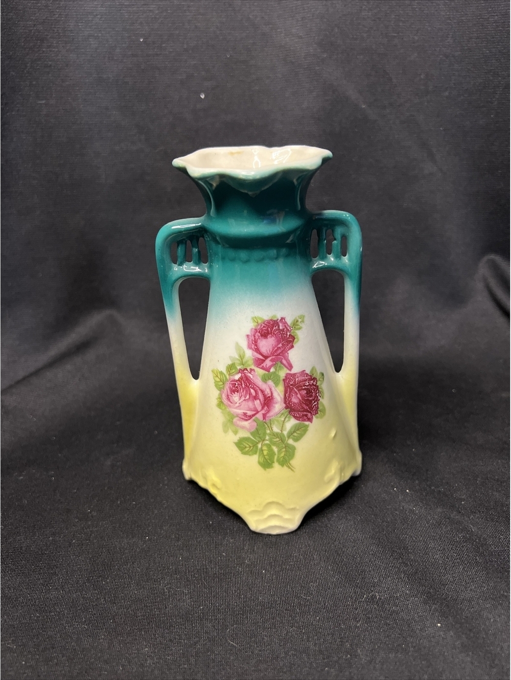 antique 5.5 inch green multicolor vase with roses, Czeshoslovakia